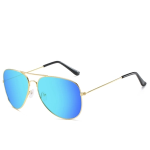 Classic aviator sunglasses with gold frames and blue gradient mirror lenses in 45-degree view