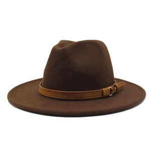 Detailed close-up of a brown wool fedora hat featuring a leather band and gold buckle