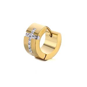Polished gold stainless steel hoop earring with sparkling crystal inlaid cross design