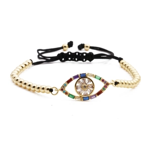 Adjustable evil eye bead bracelet with colorful crystals and gold-plated accents