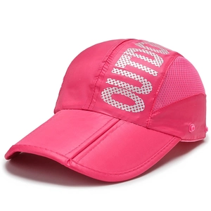 Breathable rose red outdoor sports hat with mesh panels and foldline brim for sun protection