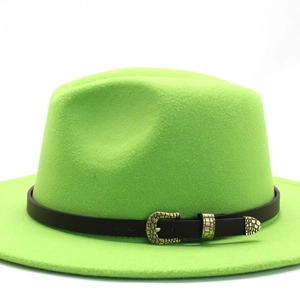 Close-up of neon green wool fedora hat with black belt and engraved gold buckle detail
