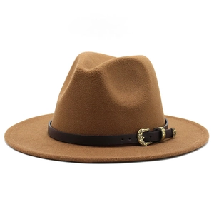 Detail of brown wool felt fedora with synthetic leather belt and gold snake buckle