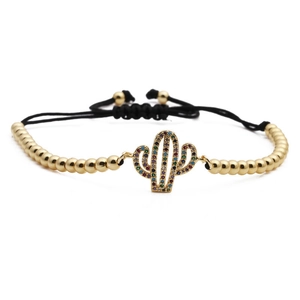 Adjustable copper cactus bracelet with colorful cubic zirconia on black braided rope