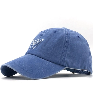 Washed blue cotton baseball cap with white finger embroidery, vintage distressed outdoor style