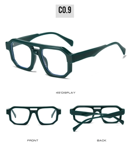 Detail view of irregular dark green sunglasses in multiple angles with a glossy finish