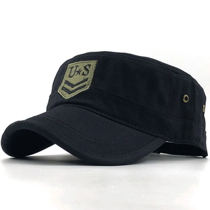 Classic black cotton cadet cap with olive green embroidery and military flat top style
