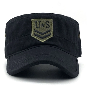 Black canvas cadet cap with olive green military embroidery and metal eyelets