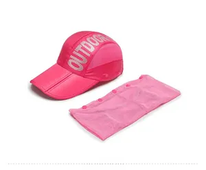 Detail of pink outdoor sun hat with breathable mesh side panels and detachable neck cover