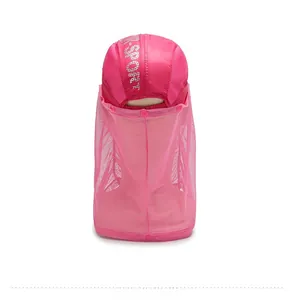 Rear view of pink outdoor sun hat with breathable neck flap and silver SPORT logo