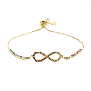Gold adjustable infinity bracelet with colorful rainbow zircon stones for men and women