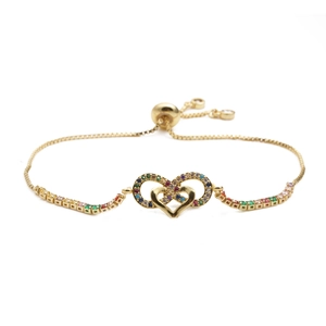 Golden heart infinity bracelet with colorful zircon stones and adjustable chain
