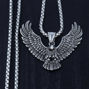 Punk eagle pendant necklace for men in stainless steel with detailed vintage wings