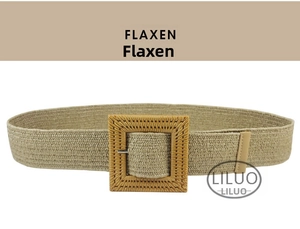 Macro detail of flaxen woven belt featuring a large square pin buckle and natural texture