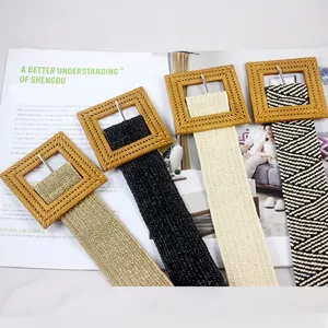 Elastic woven belts with square wooden buckles in black, khaki, and beige colors
