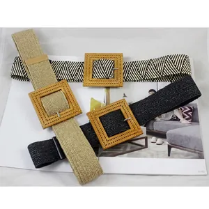 Three elastic woven waist belts with square buckles in brown, black, and chevron patterns