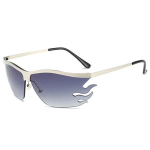 Futuristic flame shaped sunglasses with silver metal frame and purple gradient lenses