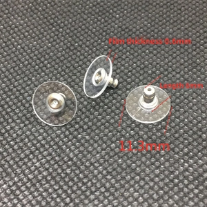 Detailed view of 11.3mm brass earring backs with clear silicone pads and dimensions