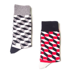 Colorful geometric pattern crew socks with grey, red, and black argyle stripes for men