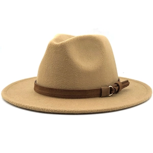 Classic camel wool felt Fedora hat featuring a decorative brown belt buckle strap detail