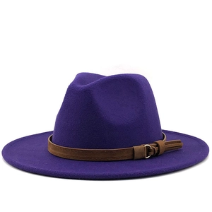 Classic purple wool fedora hat with brown leather belt and wide brim for women