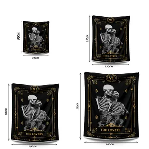 Size guide for skull tarot lovers tapestry in 95x73cm, 150x130cm, 200x150cm, and 230x180cm sizes