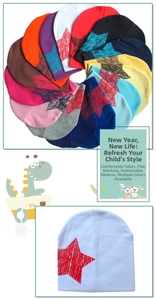 Detail of colorful knitted baby beanies featuring a rustic red star print for children