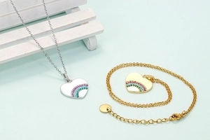 Rainbow heart pendant necklaces in silver and gold plating with zircon stone inlay