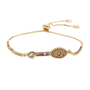 Adjustable gold plated evil eye bracelet with multicolored cubic zirconia stones