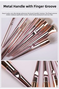 Detail of 10-piece makeup brush set with ergonomic rose gold thumb-grip metal handles