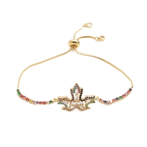 Adjustable gold maple leaf bracelet with colorful cubic zirconia in 18K gold finish