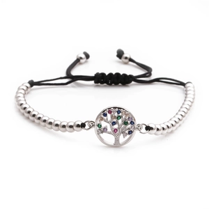 Adjustable silver tree of life bracelet with colorful zircon stones on black braided cord