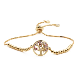 Adjustable gold Tree of Life bracelet with colorful cubic zirconia and box chain