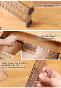 Detail of adjustable drawer divider with buckle snap design for custom organization