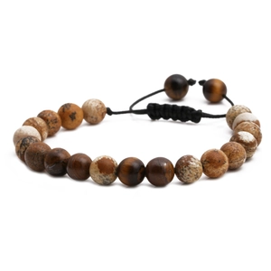 Bracciale di perle in pietra naturale con cordino intrecciato nero regolabile in toni terra