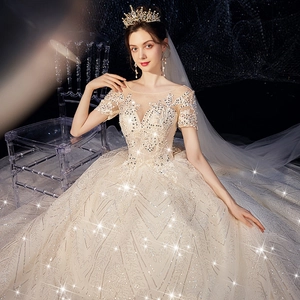 Champagne lace wedding gown with sequins, round neck, short sleeves and long tulle veil