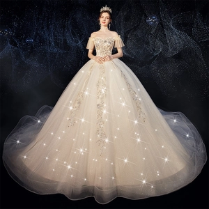 Off Shoulder Ball Gown Wedding Dress With Sequins And Lace Embroidery Starry Sky Cathedral Train Elegant Bride Gown