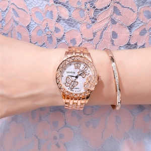 Women's rose gold Geneva watch with butterfly dial and matching diamond bracelet set