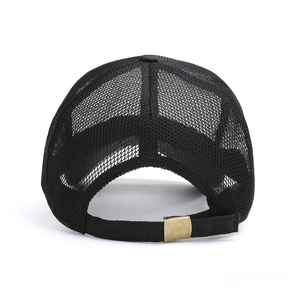 Detail of breathable mesh baseball cap back with adjustable buckle and strap