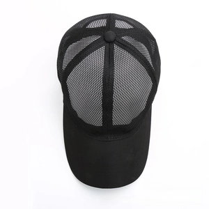 Top down view of black breathable mesh baseball cap with classic six-panel design