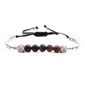 Adjustable copper bracelet with zircon cubic beads and natural stone beads on black cord