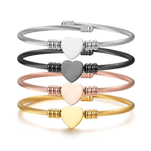Stainless Steel Cable Wire Bracelet With Heart Pendant Twisted Open Cuff Bangle Elegant Minimalist Fashion Jewelry For Women