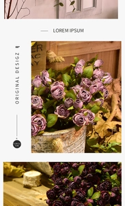 Retro purple artificial roses in a stone-textured vase with vintage wood background