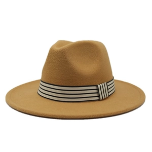 Detail view of khaki wool fedora hat featuring a classic black and white striped ribbon band