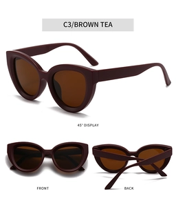 Detailed views of wine red cat eye sunglasses with brown tea lenses from three angles