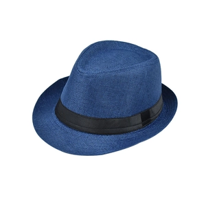 Klassieke ademende blauwe linnen fedora hoed voor heren met een elegant zwart lint