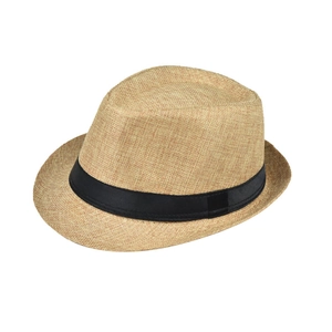 Detail van de lichte linnen textuur en het zwarte lint op een klassieke fedora hoed