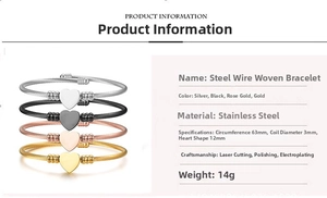 Detailed size specifications for stainless steel cable wire heart bracelet set