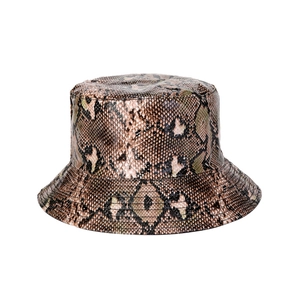 Faux snakeskin bucket hat in brown and black tones with classic flat top design