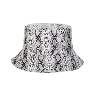 Close-up of the grey faux leather snakeskin texture and stitching on a bucket hat